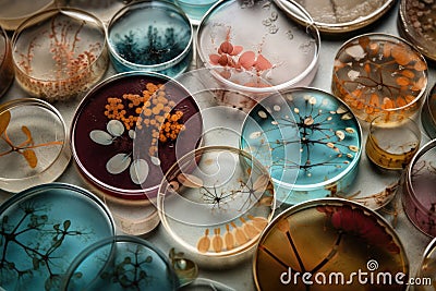 microbial cultures and petri dishes arranged in beautiful, artistic arrangement Stock Photo