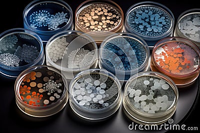microbial cultures in petri dishes, arranged in geometric patterns Stock Photo