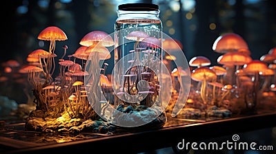 Microbial magic: Mushrooms, test tubes, flasks science exploration. Created with Generative AI Stock Photo