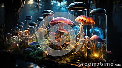 Microbial magic: Mushrooms, test tubes, flasks science exploration. Created with Generative AI Stock Photo