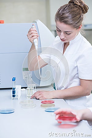 Microbiologist with pipette preparing samples Stock Photo