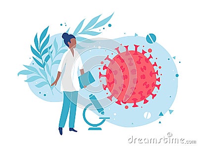 A microbiologist or virologist examines the virus. Laboratory bacteriological analysis Vector Illustration