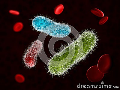 Microbiology background. Viruses, infection microflora and bacteria for banners, 3d illustration Cartoon Illustration