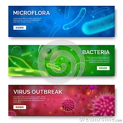 Microbiology 3d background. Viruses, infection and bacteria for banners. Virus bacterium science isolated banner set Vector Illustration