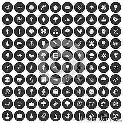 100 microbiology icons set black circle Cartoon Illustration