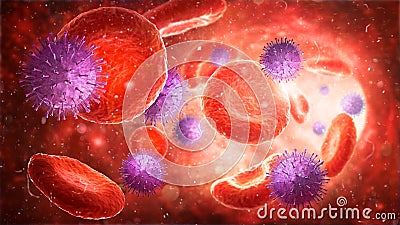 Microbiology. Virus among blood cells in the artery background. Cartoon Illustration