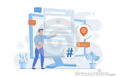 Microblogging platform user. Social media communication, bloggers tool, sharing short messages. Vector Illustration