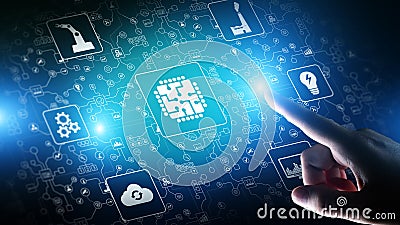 Microchip, artificial intelligence, automation and internet of things, IOT, Digital integration. Stock Photo
