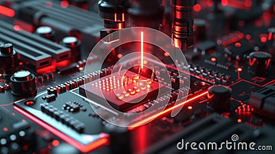 A microchip being programmed by an AI algorithm within a manufacturing machine ensuring accurate and consistent Stock Photo