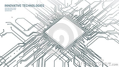 Microchip circuit board illustration. Thin electronic lines connect to the central processor. Technology, computing, and Vector Illustration