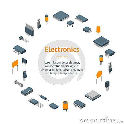 Microchip Computer Electronic Components Banner Card Circle Isometric View. Vector Vector Illustration