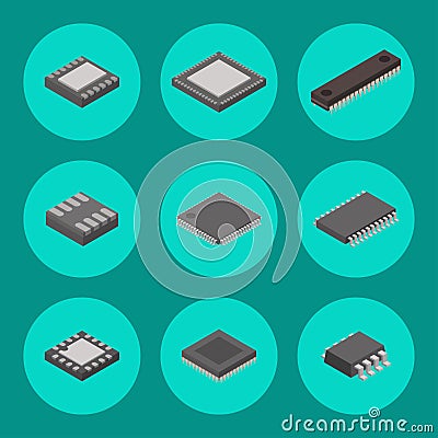 Microchip computer vector isometric chip technology processor circuit electronic board motherboard information system Vector Illustration