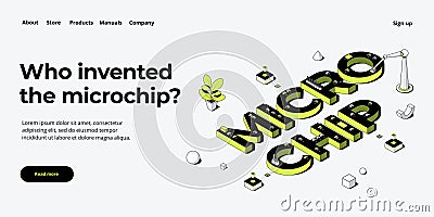 Microchip concept illustration in isometric vector design. Semiconductor or computer processor chip production. CPU hardware Vector Illustration