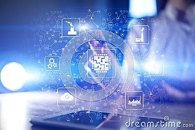Microchip, CPU, Processor, Microcircuit Computing Engineering. Modernization and Business automation. Smart Industry 4.0 Stock Photo