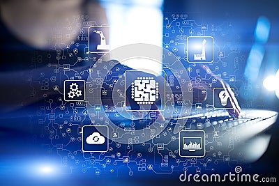 Microchip, CPU, Processor, Microcircuit Computing Engineering. Modernization and Business automation. Smart Industry 4.0 Stock Photo