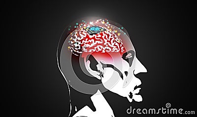 Microchip is implanted in human brain. Neural implants. Brain-computer interface. Neuron technology concept - illustration Cartoon Illustration