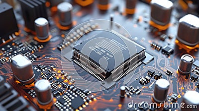 Microchip on motherboard. Electronic circuit board close-up. Advanced technology CPU processor for modern computers Stock Photo