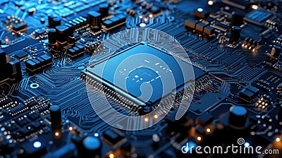 Microchip on motherboard. Electronic circuit board close-up. Advanced technology CPU processor for modern computers Stock Photo