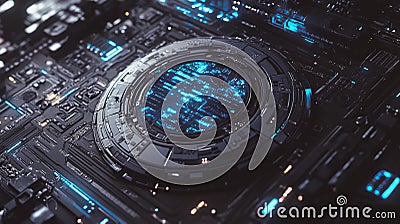 Microchip for spaceships. Production of rockets and ships. Computer CPU and memory chips. Electronic circuit Stock Photo