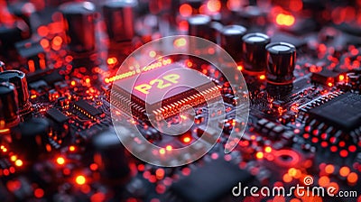 Microchip Technology Core Processing Unit Displaying P2P Letters Illuminated in Red, Symbolizing Peer-to-Peer Network and Advanced Stock Photo