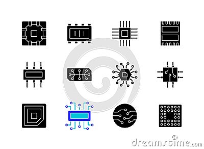 Microcircuits black glyph icons set on white space Vector Illustration