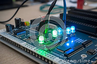Microcontroller Board with Glowing LEDs – Tech Development Concept Stock Photo