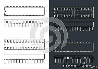 Microcontroller and DIP socket blueprints Vector Illustration