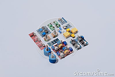 Microcontrollers, boards, sensors, leds and modules for learning the basics of electronics. Various electronic components for Stock Photo