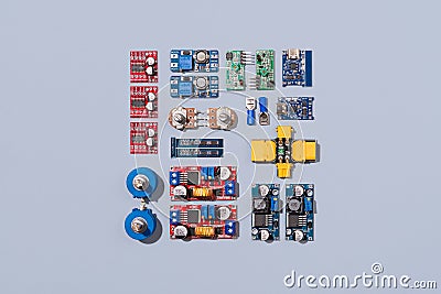 Microcontrollers, boards, sensors, leds and modules for learning the basics of electronics. Various electronic components for Stock Photo