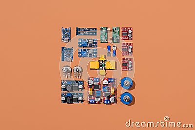 Microcontrollers, boards, sensors, leds and modules for learning the basics of electronics. Various electronic components for Stock Photo