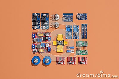 Microcontrollers, boards, sensors, leds and modules for learning the basics of electronics. Various electronic components for Stock Photo