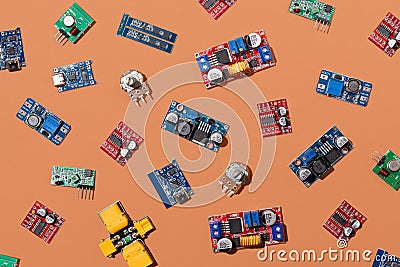 Microcontrollers, boards, sensors, leds and modules for learning the basics of electronics. Various electronic components for Stock Photo