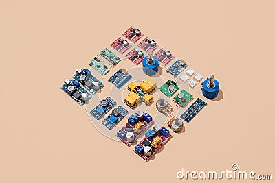 Microcontrollers, boards, sensors, leds and modules for learning the basics of electronics. Various electronic components for Stock Photo