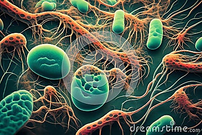 Microcosmic Symphony: Nano Technology Biotech Marvels Revealed in Bacterial Art Stock Photo