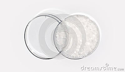 Microcrystalline wax in Petri dish with plastic lid on white laboratory table. Chemical ingredient for Cosmetics and Toiletries Stock Photo