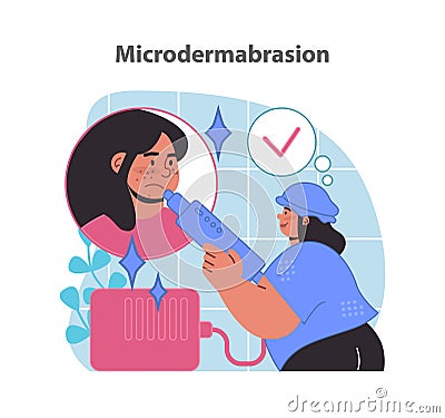 Microdermabrasion procedure. A content woman undergoes skin exfoliation. Vector Illustration