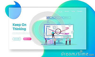 Microeconomics Landing Page Template. Tiny Characters Local Business Increase Money Profit Stats Vector Illustration