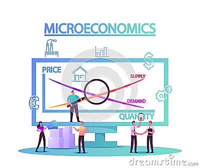 Microeconomics, Tiny Characters Local Business Increase Money Profit Stats, Product Positive Value Vector Illustration