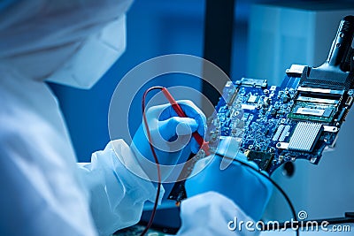 Microelectronics engineer works in a modern scientific laboratory on computing systems and microprocessors. Electronic Stock Photo