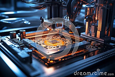 Microelectronics mastery factory workspace, machine, robot, conveyor in production Stock Photo