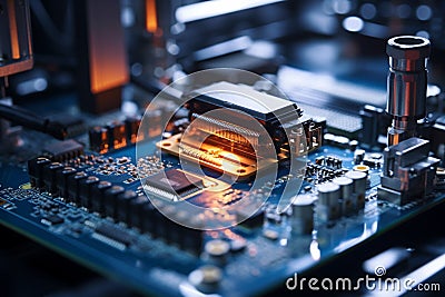 Microelectronics mastery factory workspace, machine, robot, conveyor in production Stock Photo
