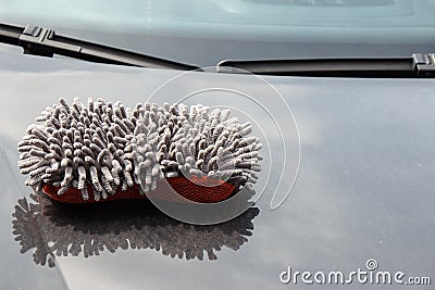 Microfiber sponge lies on the dirty hood of the car Stock Photo