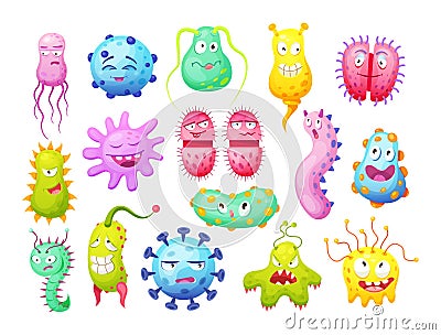 Microorganism, bacteria, microbes, cute germs, virus cell, bacillus with funny smiley faces. Viruses bacteria emoticon, microbe Vector Illustration