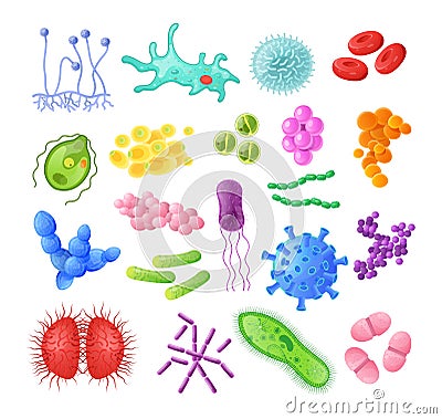 Microorganism, bacteria, virus cell, bacillus, disease bacterium and fungi cells. Vector Illustration