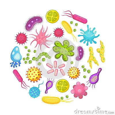 Microorganism, bacteria, virus cell, disease bacterium and fungi cells. Micro organism, diseases and viruses cartoon Vector Illustration