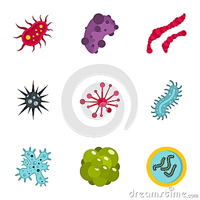 Microorganism cells icons set, flat style Vector Illustration