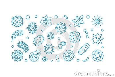 Microorganisms vector blue outline horizontal illustration Vector Illustration