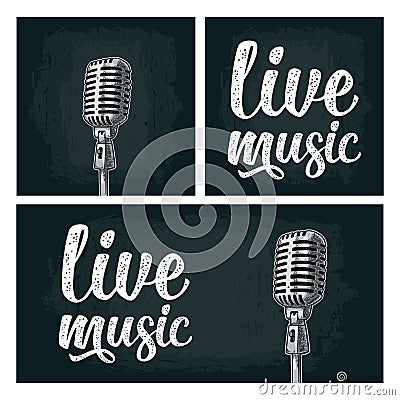 Microphone and calligraphic handwriting lettering live music. Vintage engraving Vector Illustration