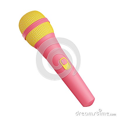 Microphone 3d render illustration. Pink and yellow mic for singing or podcast concept. Cartoon Illustration