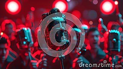 A microphone dressed as Elvis Presley lipsyncing to Jailhouse Rock while a group of other microphones wave lighters and Stock Photo